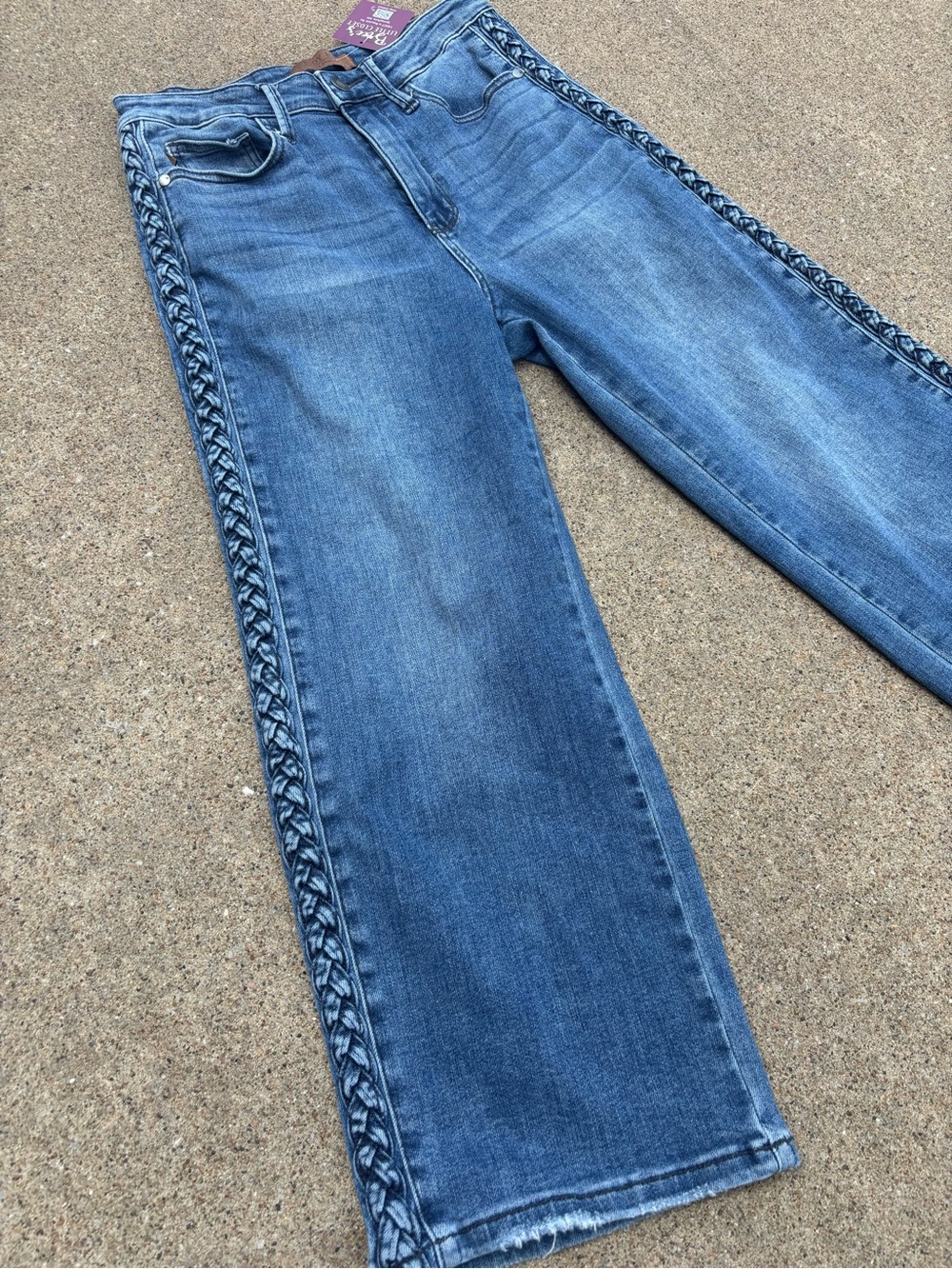 Judy Blue Medium Wash Wide-Leg Jeans with Braided Side Detail - Picture 2 of 6